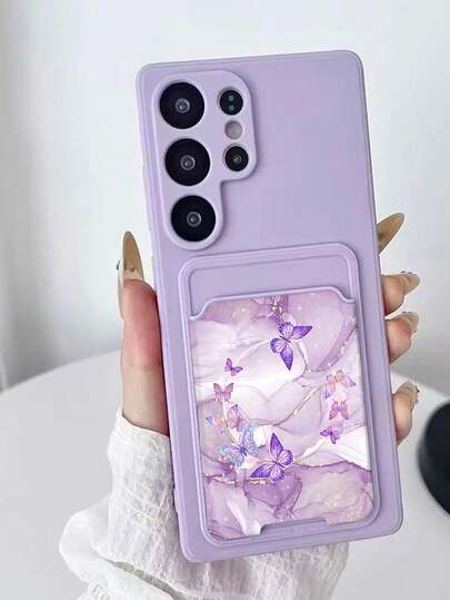 1 st. lila TPU enfärgat stötsäkert telefonskal & 1 st. lila marmorfjärilsmönster självhäftande korthållare 2-i-1 modernt mångsidigt kreativt heltäckande telefonskal för Samsung A14/A54/A56/A31 4G/A23, OPPO A98, S24 S25 Ultra, Redmi A5 13C 14C, Redmi Note 14 15 Pro 4G, Redmi K60 Ultra