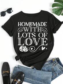 Damen Lässiges Crew-Neck Kurzarm Grafik T-Shirt "Selbstgemacht mit viel Liebe" Loose Fit T-Shirt für den täglichen Gebrauch Streetwear - Schwarz - Übersicht 5
