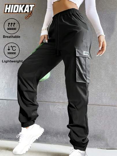 Hidkat 女士弹力腰带抽绳工装裤，带大口袋，舒适休闲裤，适合春秋季穿着，黑色