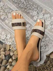 Sandalias de playa de diseño de pie ancho con puntera cuadrada plana, de moda para mujer en verano - Marrón Mocha - Ver 5