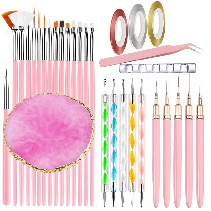 31Pcs Nail Art Tools Set, Nail Art Brushes, Resin Nail Art Palette, Dotting Pen Tools, Nail Art Liner Brushes, For Nail Design Painting - Multicolor - View 1