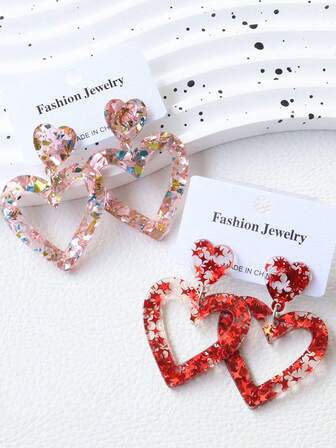 一对亚克力可爱心形耳环，粉色和红色闪亮甜美个性化耳环，情人节派对礼物