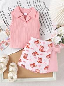 2件套女婴优雅柔软polo领背心+裙裤套装，夏季商务休闲装 - 粉色 - 查看 3