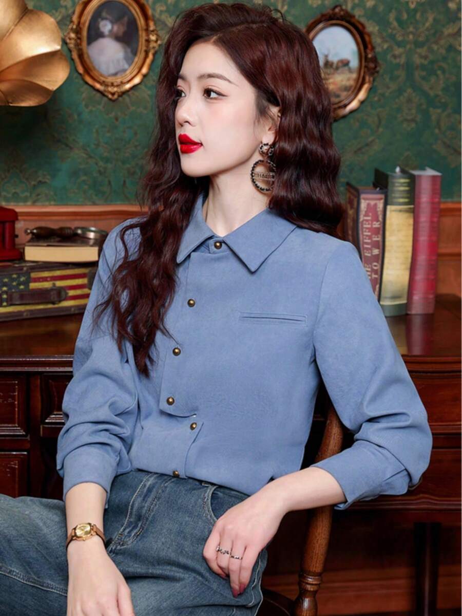 Chinese Style Polo Collar Blouse - French Vintage Flannel Shirt, Long Sleeve Distressed Texture Top For Women Spring Autumn - Blue - View 1