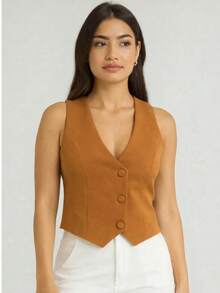 Short Striped Dress Vest With Button. - 駝色 - 查看 1