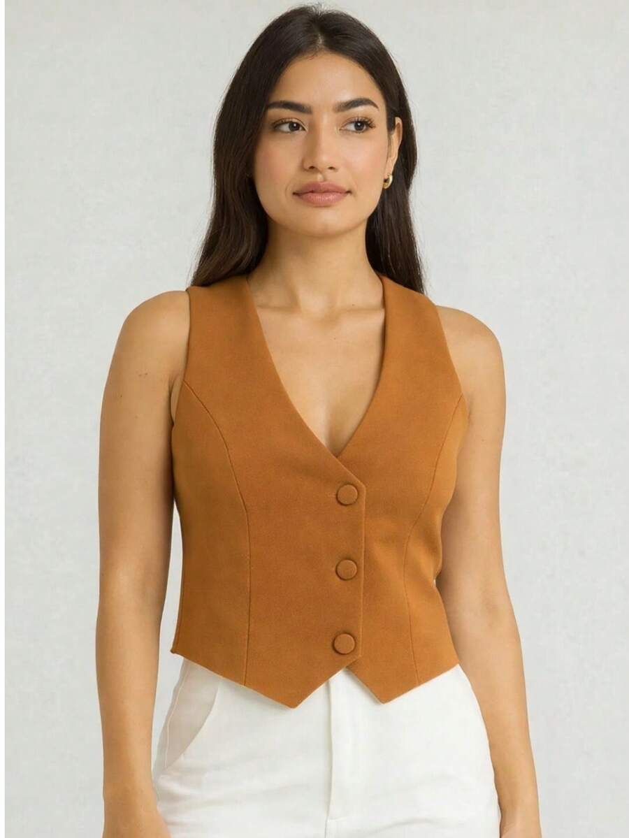 Short Striped Dress Vest With Button. - 駝色 - 查看 1