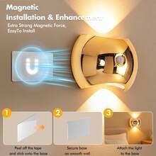 LED Smart Motion Sensor Wall Light, Wireless Rechargeable LED Wall Lamp, 3 Color Adjustable, Battery Powered Night Light, Rotatable, Easy Installation, Adjustable Color Temperature & Brightness, Suitable For Corridor, Bathroom, Bedroom, Kitchen, Cabinet, Stairs, Entrance, Bedside, Table, Wardrobe, Home Decor, Living Room, Sensor Light, Bedside Lamp, LED Light, Wireless Lamp - Multicolor - View 6