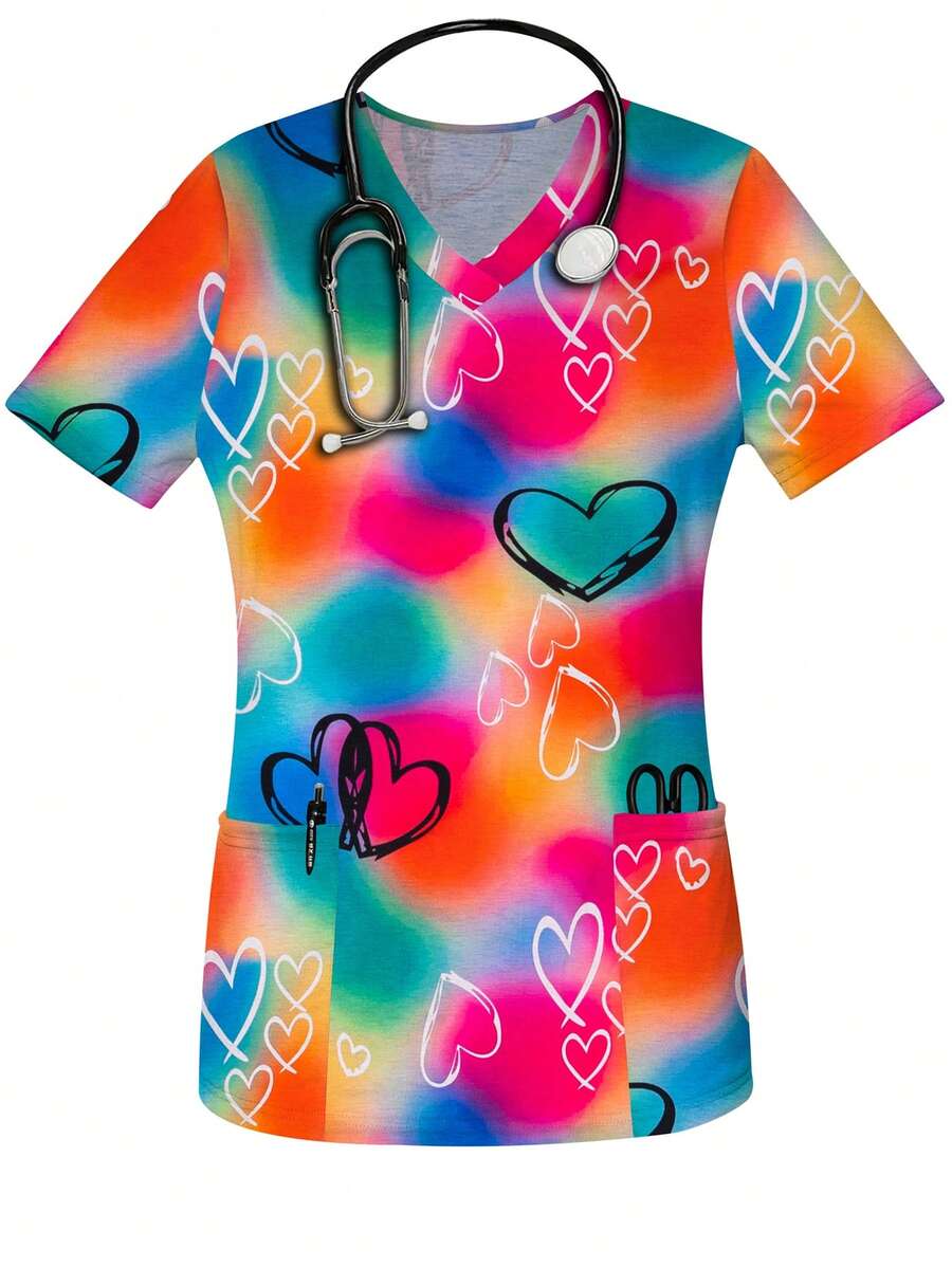 Valentine's Day Colorful Heart Print V-Neck Short Sleeve Nurse Uniform Top With Pockets, Suitable For Staff Spring - Multicolor - View 1