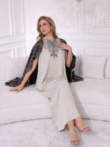 2026新款优雅银色刺绣阿拉伯女式长袍，配小V领披肩，时尚创意斋月传统服饰 - 杏色 - 查看 10