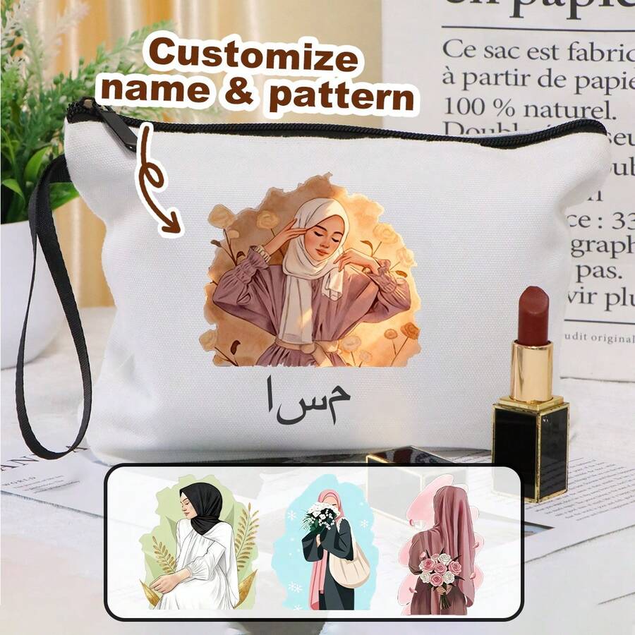 Customized Makeup Bag - Girl With Headscarf Design, Personalized Gift, Customized Canvas Makeup Bag, Personalized Pencil Case, Women's Cosmetic Bag, Personalized Makeup Bag, Toiletry Bag, Ramadan Gift, Travel, Vacation, Blessing, Commemoration, Mother's Day, Family, Friends - White - View 1