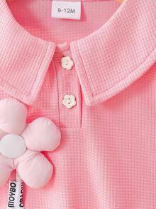 Baby Girls' Summer Waffle Knit Set, Including: Short Sleeve Top With Ruffled Collar, Floral Decor & Buttons; Matching Shorts; Soft & Breathable Waffle Fabric; Elevated With Intricate 3D Decorations; Suitable For Casual Outings And Light Social Occasions In Summer; Comfortable And Easy To Wear & Style - Pink - View 8