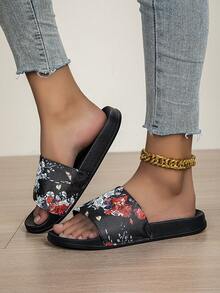 Women's Summer Home Slippers, Vacation Style, Hotel Bathroom Shower Flat Sandals, Black - Black - View 4