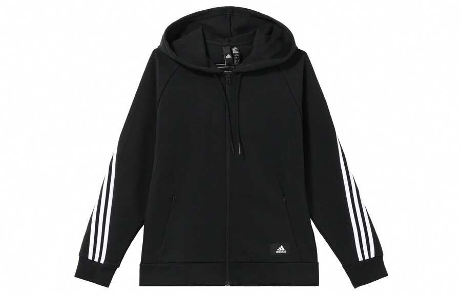 Adidas 阿迪达斯三条纹 W FI FZ REG 撞色三条纹运动风连帽衫外套，黑色