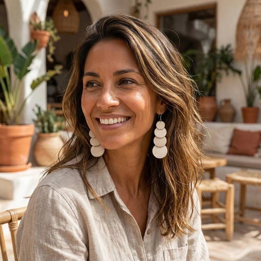 1 paire de boucles d'oreilles rondes en bois avec chaîne pour femmes, chaîne vintage à franges, crochets d'oreilles en fer - Blanc - Voir 1