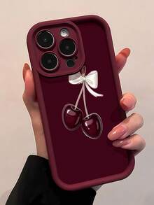 Estuche para teléfono con diseño de lazo de cereza Compatible con estuches para teléfonos   17  16 Pro Max  15 Pro Max  13 y  12 Estuche para teléfono de TPU de cobertura total a prueba de golpes engrosado Impermeable a prueba de caídas y rayones Una excelente opción para familiares, amigos, seres queridos, novios/novias y regalos de Año Nuevo - Burdeos - Ver 1