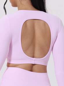 1 pieza Parte superior de yoga de manga larga con sujetador incorporado, diseño sin espalda para correr al aire libre, fitness, pilates - Rosa - Ver 7
