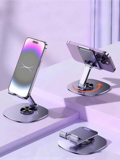 حامل هاتف خلوي قابل للطي، قاعدة معدنية من الألومنيوم قابلة للتدوير 360 درجة وقابلة للتعديل، حامل هاتف محمول مع قاعدة مانعة للانزلاق ومنفذ شحن مريح، ملحقات سفر محمولة وملحقات مكتبية متوافقة مع الهواتف الذكية والأجهزة اللوحية والأجهزة المحمولة الأخرى