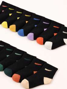 10 Pairs Kids' Colorblock Mid-Calf Socks, Solid Black Versatile Design, Soft, Suitable For Boys And Girls, Ideal Gift For Children All Year Round - Multicolor - View 4