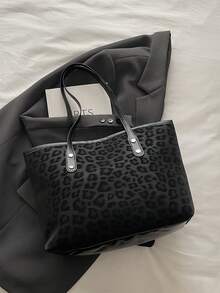 2pcs Large Capacity Leopard Print Faux Leather Tote Bag, With Dual Handles, Ideal For Commuting, Work Or School.,Business Professional Women - Black - View 11