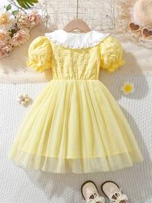 女童圆领前扣泡泡袖公主薄纱连衣裙，休闲连衣裙 - 黃色 - 查看 2