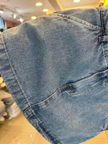 Short saia cargo Jeans Cintura Alta Femininas jeans sem esticar short saia com bolso100% algodão - Lavagem Média - Visão 3
