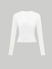 女士白色嘴唇印花长袖修身上衣，性感图案T恤，适合约会和外出穿着 - 白色 - 查看 7