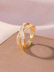 Minimalist Criss-Cross Ring, Copper Plated With And Micro-Inlaid Zirconia, Suitable For Women's Daily And Party Wear - Gold - View 1