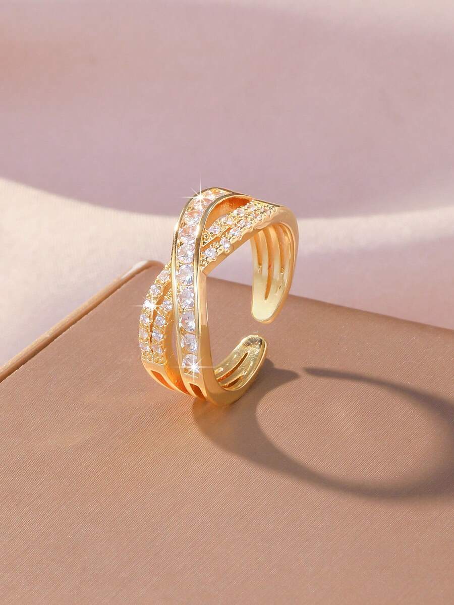 Minimalist Criss-Cross Ring, Copper Plated With And Micro-Inlaid Zirconia, Suitable For Women's Daily And Party Wear - Gold - View 1