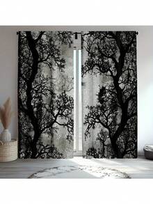 [Curtains] 2pcs Gothic Forest Blackout Curtains, Traditional Style Polyester Rod Pocket Drapes With Tree And Zombie Hand Spider Web Print For Bedroom And Living Room - in ấn - Xem 1
