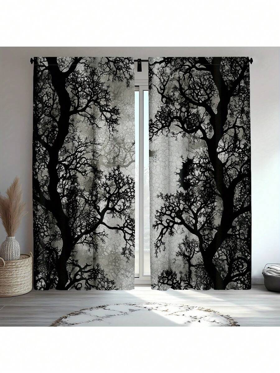 [Curtains] 2pcs Gothic Forest Blackout Curtains, Traditional Style Polyester Rod Pocket Drapes With Tree And Zombie Hand Spider Web Print For Bedroom And Living Room - in ấn - Xem 1