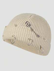 Novo Gorro de Malha Rasgado de Outono/Inverno, Boné de Estilo Streetwear Unissex, Gorro de Malha Versátil, Gorro de Malha com Buraco de Corrente Estilo Europeu e Americano, Gorro Quente Unissex para Uso Externo, Gorro de Top Plano, Gorro Redondo de Cor Sólida - Multicolorido - Visão 13