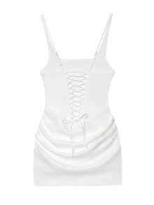 HH Đầm dự tiệc không tay xếp ly dành cho nữ, đầm thanh lịch hai dây gợi cảm dành cho nữ, đầm ngắn hở lưng màu trắng mùa hè. - trắng - Xem 6