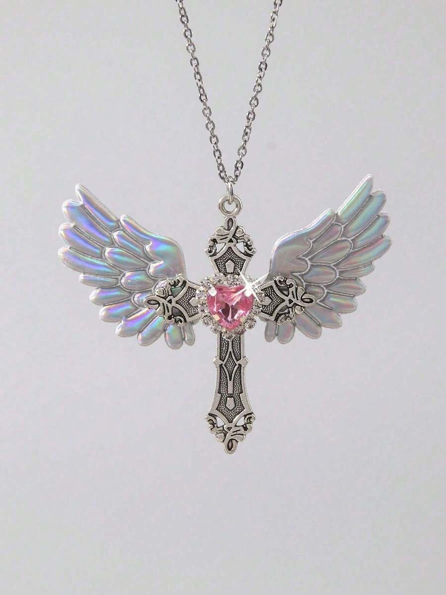 复古哥特风水钻十字翅膀项链，简约设计十字架项链配锆石天使翅膀吊坠 - 銀色 - 查看 1