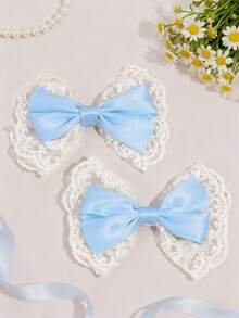 2pcs Blue Lace Hair Bows For Girls Elegant Lace Bow Hair Clips Pink Ribbon Bow Alligator Clips Girls Holiday Wedding Party Headpiece Kids Baby Hair Accessories - Light Blue - View 3