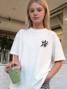 1 pieza Camiseta de manga corta con estampado de estrellas y flecos para niña preadolescente, blusa de verano para estudiantes y niños pequeños - Blanco - Ver 4