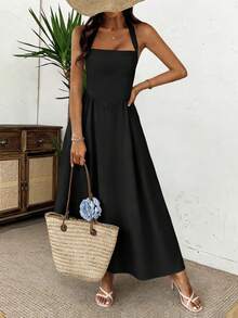 Unadoll 女士春夏连衣裙，露背吊带、拉链和褶裥设计，休闲优雅，是海滩、度假、约会、音乐节、情人节、生日和派对的完美之选。黑色 - 黑色 - 查看 8