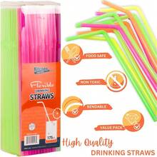 Flexible Plastic Drinking Straws Disposable Bendy Assorted Colors Party Supplies Bulk Pack 175 Count - 1 - Xem 3