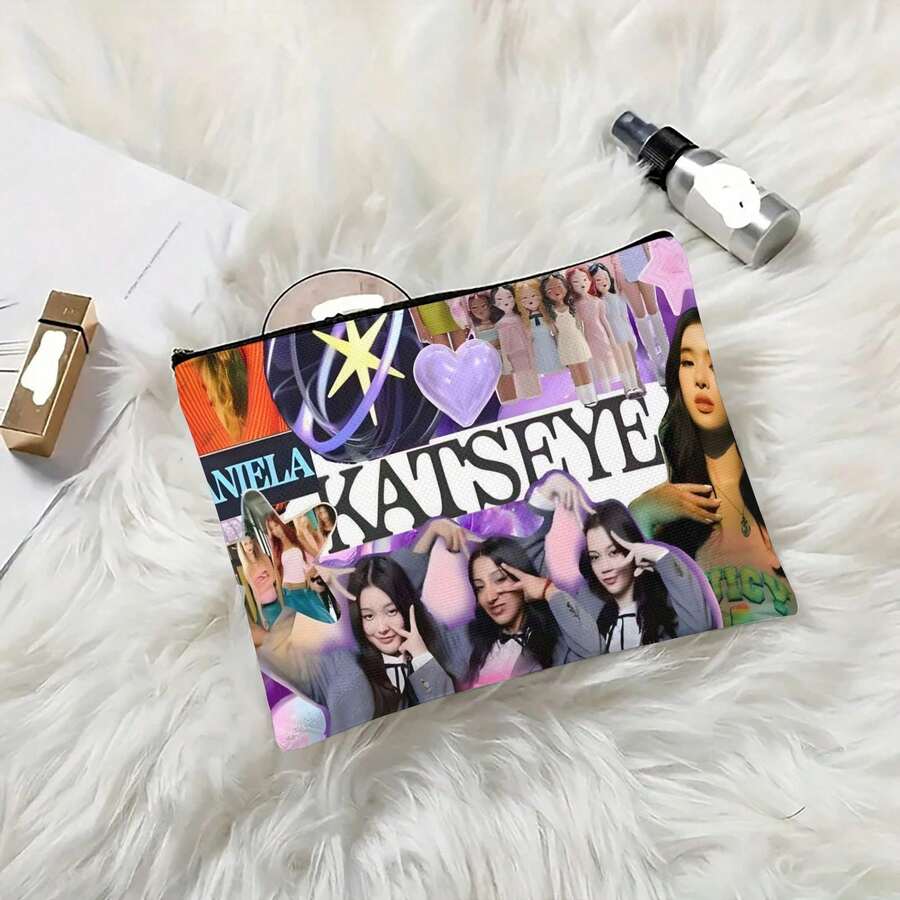 KPOP KATSEYE Makeup Bag - K-Pop Inspired Storage Bag With K-Pop Idol Photos, Women's Compact Travel Bag, Makeup, Travel, Daily Carrying, Makeup Bag, Kpop Theme Accessories, Durable Zipper Closure, Beauty Enthusiasts - 多色的 - 查看 1