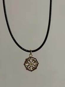 女士复古油滴花朵太阳吊坠项链，配皮绳 - 彩色 - 查看 8