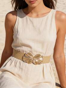 1 pieza Cinturón de mujer con hebilla de concha estilo bohemio, cinturón elástico casual y elegante, accesorio de mujer, adecuado para vestidos, ropa casual, fiestas, salidas casuales, vacaciones, citas, compras, festivales de música, playa, regalo de vacaciones