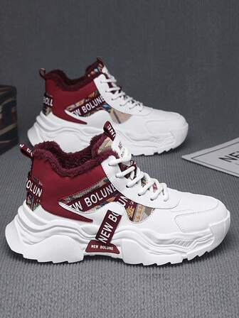 2026 New Men's Casual Sneakers, White High-Top Thick-Soled Shoes With Warm Lining, Suitable For Students And Young Adults, Daily Casual And Commuting Wear, Thick Sole Design Adds Height, Comfortable And Patchwork Style, Highly Versatile