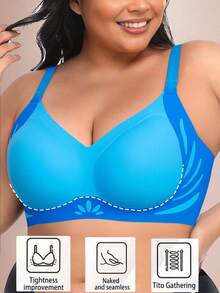 1pc Seamless Contrast Color Lift Wireless Plus Size Bra With Lift And Side Support, European Style - Blue - View 4