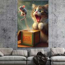 Framed 1pc Wooden Framed Humorous Cat And Mouse Canvas    High Quality Wall Art Prints Poster Direct Hanging Wall Picture Decor For Home Gifts, Christmas Gift, Living Room, Bathroom, Bedroom, Kitchen - Framed - 查看 3