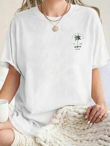 1 pieza de camiseta relajada para mujer - lavable a máquina, camiseta con estampado de árbol de coco, adecuada para viajes y uso vacacional, estilo de verano, ropa de mujer. - Azul claro - Ver 5