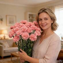 10支仿真康乃馨，丝质花茎，适用于葬礼布置、婚礼花束、花圈装饰、DIY手工、母亲节、情人节等场合。可用作婚礼中心装饰、新娘送礼、桌面摆设、家庭聚会、生日装饰。不含花瓶。 - 粉色 - 查看 8