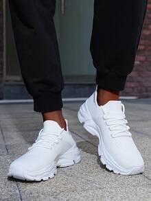 White Platform Sneakers For Men, Chunky Sole Knit Shoes, Breathable Mesh Casual Shoes, Lightweight Walking Shoes - Cool Comfort Gift - 白色 - 查看 4