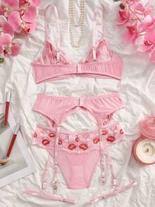 情人节性感内衣套装，粉色蕾丝爱心文胸套装，包含文胸、内裤、腰环和腿环，打造私密卧室情趣。 - 粉色 - 查看 2