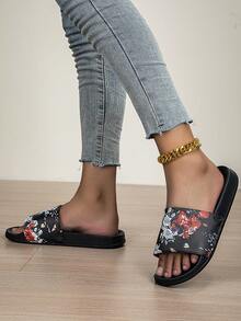 Women's Summer Home Slippers, Vacation Style, Hotel Bathroom Shower Flat Sandals, Black - Black - View 5