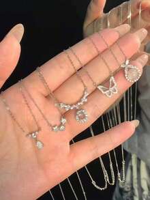 5件套优雅设计项链套装 - 心形、蝴蝶结、水滴形、圆形水钻项链，简约珍珠颈链，适合日常佩戴 - 蝴蝶型 - 查看 1