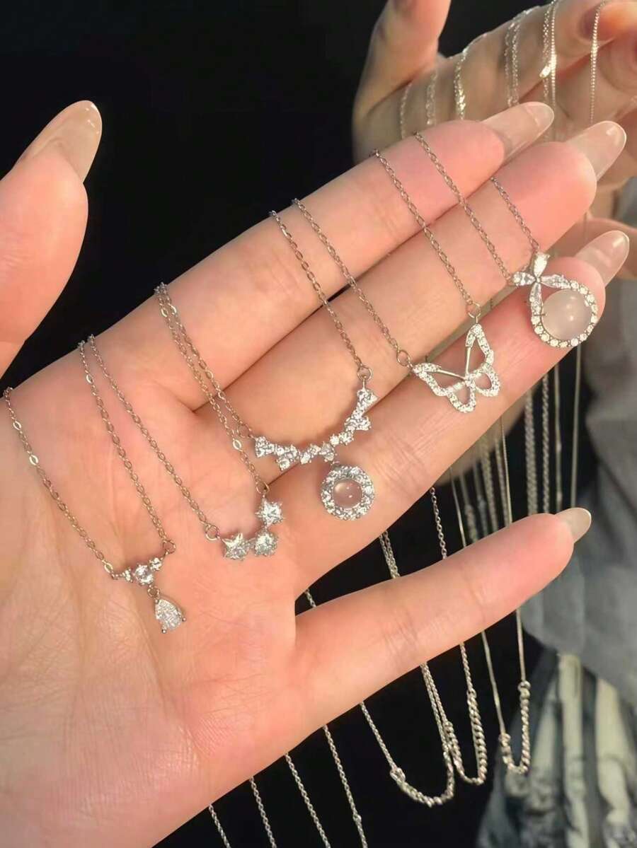 5件套优雅设计项链套装 - 心形、蝴蝶结、水滴形、圆形水钻项链，简约珍珠颈链，适合日常佩戴 - 蝴蝶型 - 查看 1